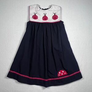 Bonnie Jean Size 6X Ladybug Dress‎ Applique Polka Dot Trim Sleeveless Navy Blue